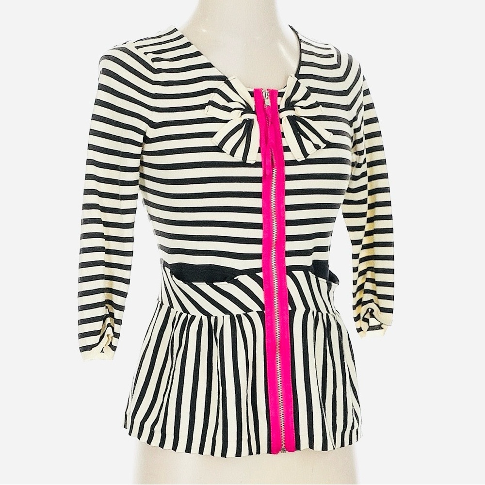 Anthropologie Moth Black & White Striped Peplum Bow Cardigan Cottagecore Size XS